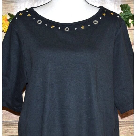 Quacker Factory Ladies XL Short Sleeve Studded Pullover Black Blouse Knit Top - Picture 2 of 9